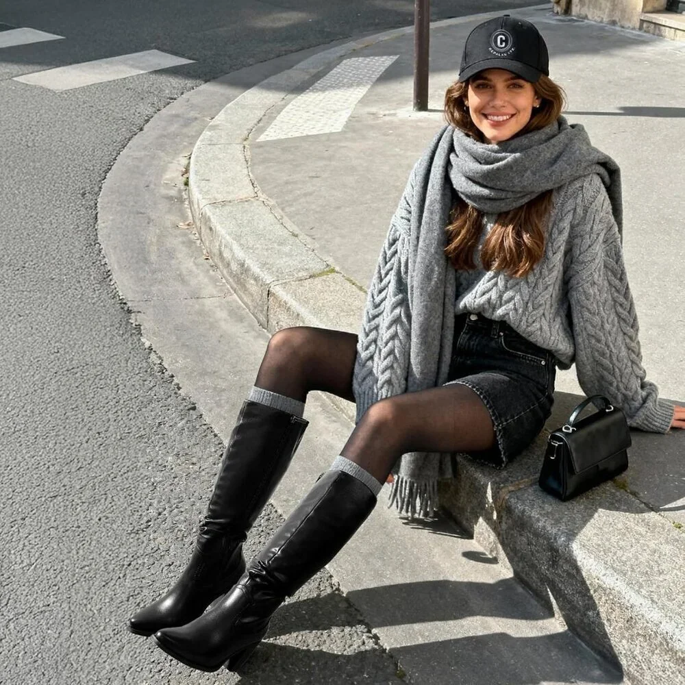Women's Faux Leather Knee-High Boots Suede Block Heel Side Zipper Size 7